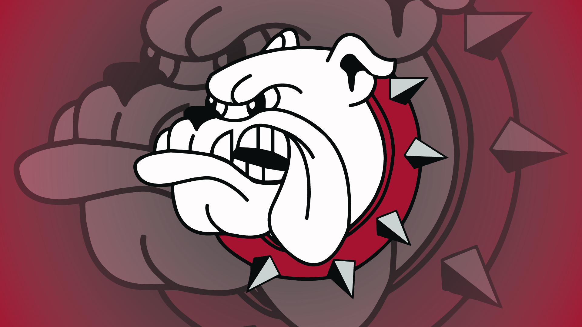 Bruno the Bulldog Center with a second image of the bulldog 2x the size behind on a maroon background. 